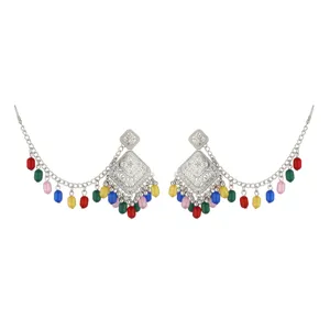 Ethnic retro metal dangle earrings with colorful beads tassel chains for fashion style.