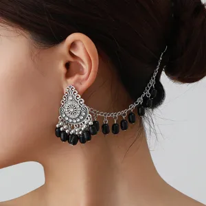 Bohemian vintage ethnic silver tone long ear chain tassel earrings for women fashion jewelry