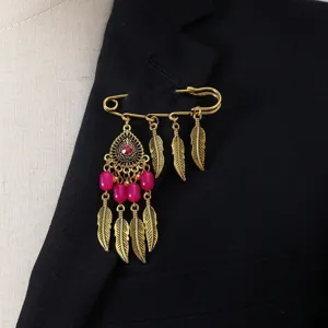 Vintage gold safety pin brooch with feathers and red beads bohemian style fashion jewelry
