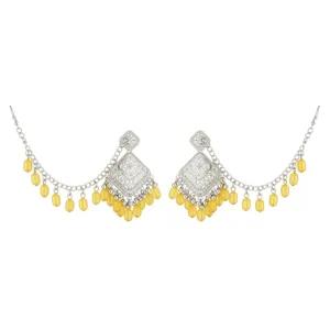 Vintage silver-tone filigree drop earrings with yellow bead chains and tassel details.