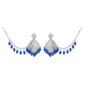 Ethnic retro silver carved hollow earrings with blue bead tassels and ear chains.