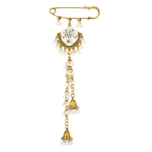 Elegant Southeast Asian ethnic rhinestone safety pin brooch with long pearl tassel charms for women.
