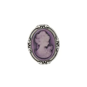 Detailed shot of the vintage cameo brooch showing the ornate silver frame and purple relief.