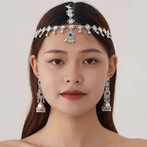 Ethnischer Silber Stirnketten Ohrringe Set Boho Vintage Haarschmuck für Damen Detail