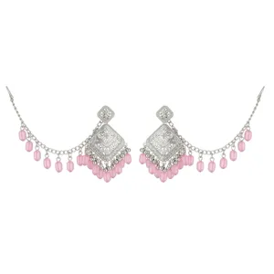 Ethnic style engraved hollow pink beaded drop earrings, retro silver tone vintage tassel jewelry.