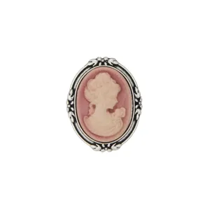 Vintage cameo brooch, elegant silver frame pink relief portrait women fashion pin accessory.