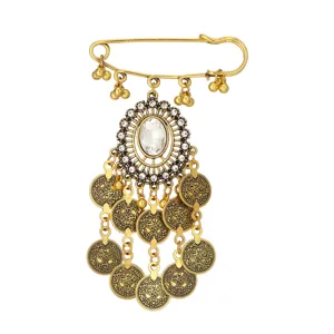 Broche de seguridad vintage con borlas doradas estilo bohemio cristales joya moneda