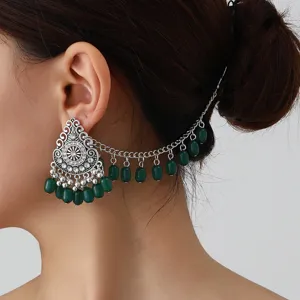 Bohemian vintage ethnic style turquoise drop earrings and hair chain set for women detail view.
