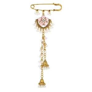 Exquisite gold-plated rhinestone pearl brooch vintage long tassel jhumka safety pin for women.