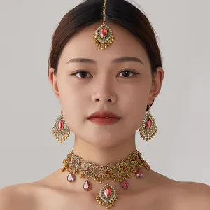 Ensemble de Bijoux de Mode de Fête Rétro en Alliage de Collier de Boucles d'Oreilles de Coiffe en Strass de Style Ethnique Exotique