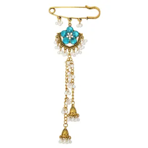 Ethnic style blue rhinestone pearl long tassel brooch detail, vintage gold safety pin jewelry.