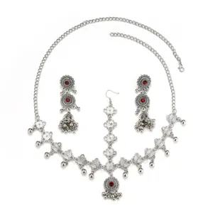 Ethnisch silberne Legierung roter Stein Kopf Kette Ohrringe Schmuck Set Accessoire