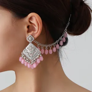 Retro ethnic filigree pink bead drop earrings with chain for women stylish vintage jewelry