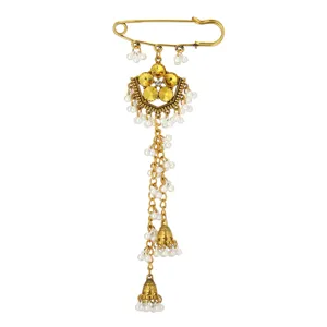 Vintage gold safety pin brooch with yellow rhinestones and delicate pearl bell tassels.