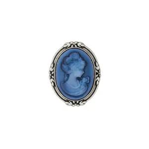 Vintage blue cameo brooch detail, intricate silver tone filigree frame, elegant accessory.