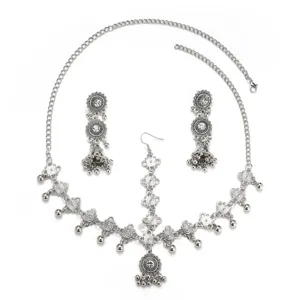 Ethno Silber Schmuck Set mit Vintage Kopfkette und Jhumka Ohrringen für Frauen.