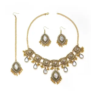 Ensemble de bijoux exotique vintage doré cristaux strass collier boucles d'oreilles.