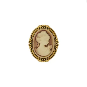 Vintage cameo brooch with detailed relief portrait, antique gold tone finish, elegant jewelry piece.