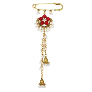 Ethnic rhinestone safety pin brooch, vintage long tassel bell charm jewelry for women daily wear