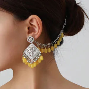 Ethnic hollow carved metal ear cuff tassel earrings for women boho vintage style jewelry