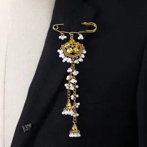 South Asian ethnic rhinestone tassel brooch vintage long gold tone suit pin for women