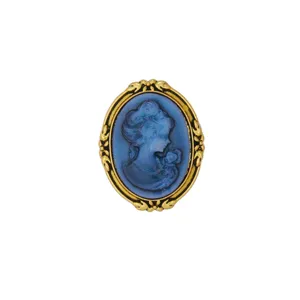 Vintage blue cameo brooch with ornate gold frame, elegant retro court style jewelry pin for women.