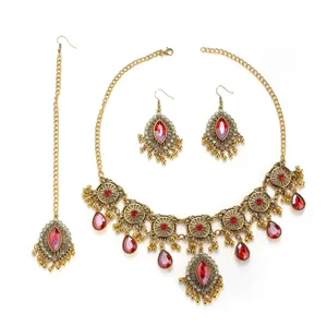 Vintage ethnique strass collier et boucles d'oreilles ensemble avec pierre rouge bijoux
