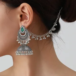 Boucles d'Oreilles Tombantes en Alliage Strass Bohémiennes Avec Chaîne de Cheveux Jhumka Gland Ensemble de Bijoux Indiens pour Fête de Femmes