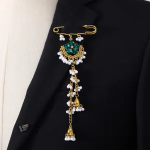Ethnic style rhinestone safety pin brooch with long pearl tassels for elegant women fashion