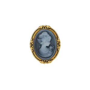 Close-up detail view of vintage cameo brooch, elegant gold oval frame with lady portrait.