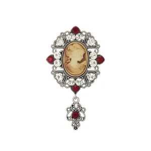 Vintage medieval cameo brooch, ornate silver-tone filigree rhinestone crystal pin jewelry