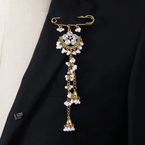 Exquisite southeast asian ethnic style rhinestone pearl tassel brooch detail view.