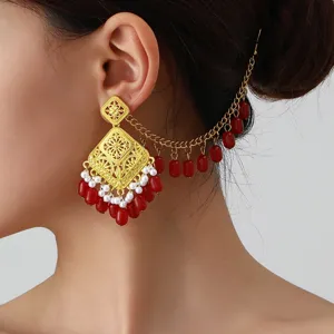 Vintage Ethnic Hollow Carved Alloy Tassel Stud Earrings With Artificial Pearl Geometric Dangle Drop Earrings For Women Jewelry