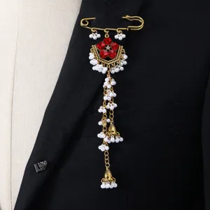 Vintage Ethnic Style Alloy Rhinestone Artificial Pearl Long Tassel Brooch Pin Women Fashion Jewelry
