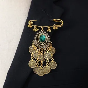 Vintage Boho Piedra Verde Moneda Borla Broche Oro Etnico Moda Joyeria Accesorio Lindo