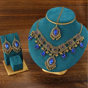 Ensemble de bijoux vintage en strass cristal bleu exquis collier boucles d'oreilles