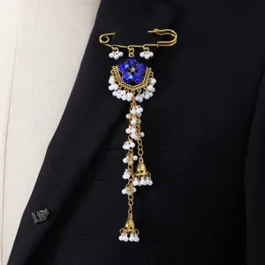 Southeast Asian ethnic style blue rhinestone safety pin brooch with pearl tassels