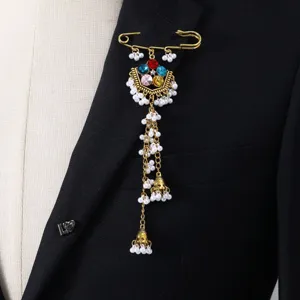 Vintage long tassel brooch with colorful rhinestones and pearls. Elegant ethnic safety pin jewelry for women.