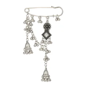 Bohemian vintage silver safety pin brooch with chains, beads and bell pendants for women.