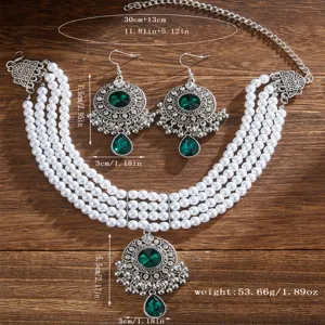 Detailed view of vintage multi-strand pearl necklace and green crystal earrings set with dimensions.