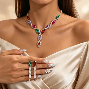 Parure Collier Boucles d'Oreilles Goutte Strass Acrylique Style Européen Bijoux de Mariage