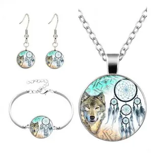 Wolfskopf Traumfänger Zeit Edelstein Halskette Legierung Schlüsselbeinkette Anhänger Schmuck Set Für Damen Mode Accessoires