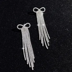 Silber Strass Schleife Quaste Ohrringe glänzende Kristall lange Ohrhänger Party Schmuck