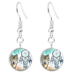 Silberne Wolf Traumfaenger Cabochon Haengeohringe Modeschmuck Legierung Damen Accessoire