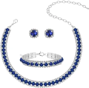 Detailed view of stunning blue crystal rhinestone necklace bracelet and matching earrings set.