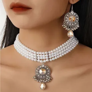Elegant multi-layer pearl necklace and crystal drop earrings jewelry set for women