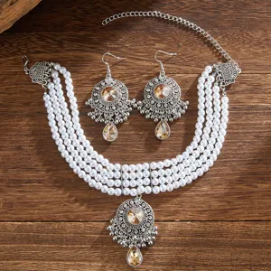 Vintage ethnic pearl rhinestone necklace earrings set for women fashion jewelry accessory