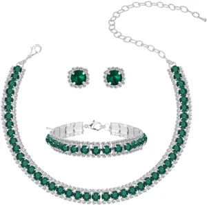Close-up details of the elegant dark green rhinestone necklace bracelet earrings set.