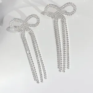 Strass Schleife lange Quasten Ohrringe, glänzende Kristall Ohrstecker Modeschmuck für Damen