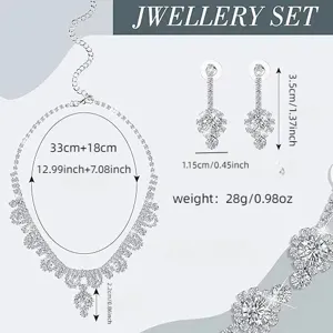 Detailed dimension graphic of a luxury rhinestone crystal necklace and earrings jewelry set.